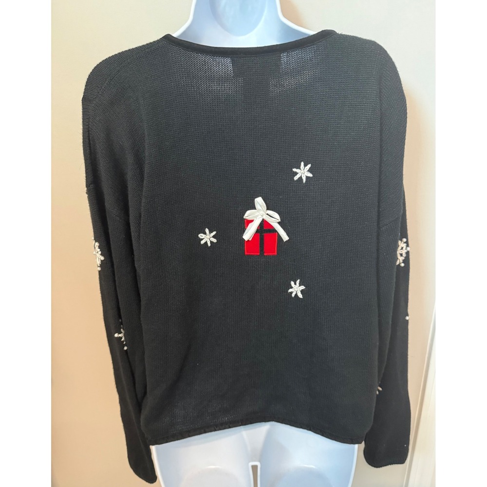 Mandal Bay Cardigan L Black Christmas Holiday Presents Snowflakes Beaded Vintage - Picture 7 of 8